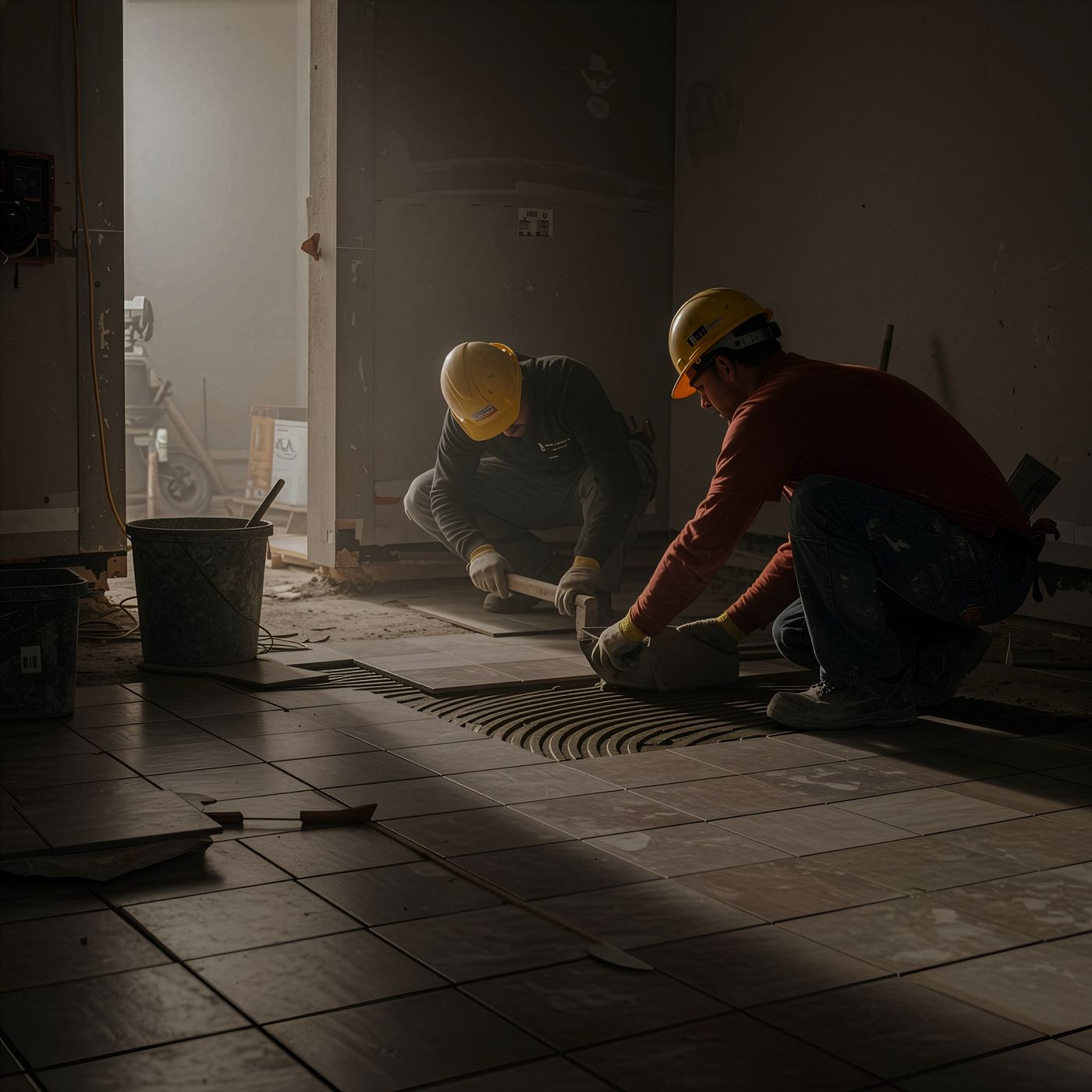 Squadra al lavoro sulla posa del cemento architettonico sopra un pavimento esistente